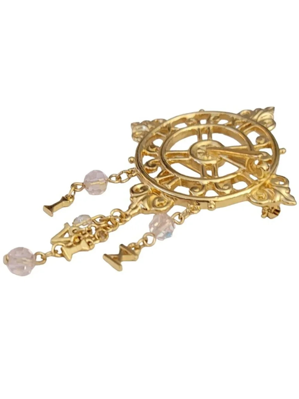 Kirks Folly 315 Clock, Crystal And Number Dangle Charm Brooch, Signed M246